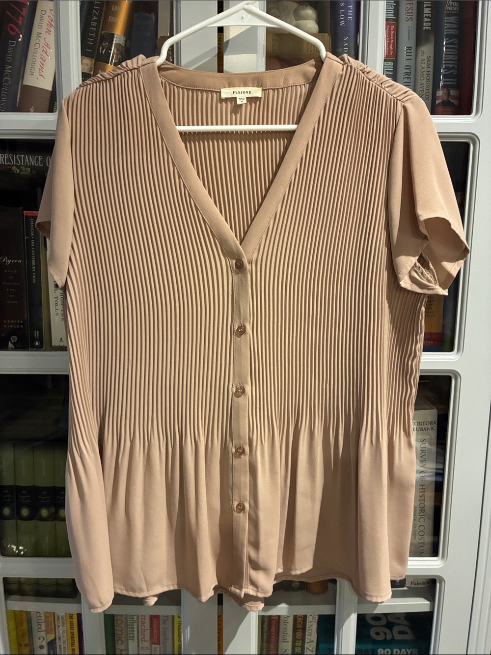 Pleione Blush Pleated V-Neck Button Front Blouse